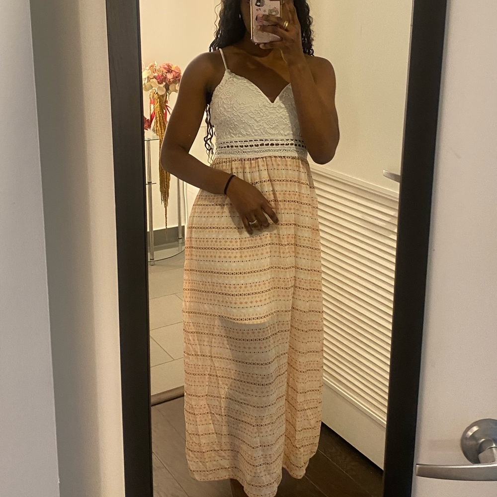 Elegant Cream and Tan Lace Maxi Dress